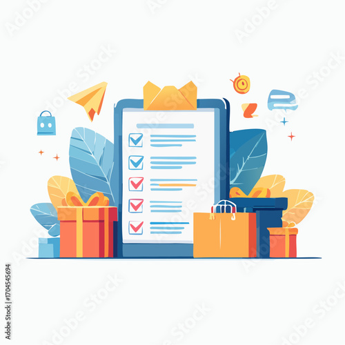 Digital Checklist with Gifts and Travel Icons on White Background