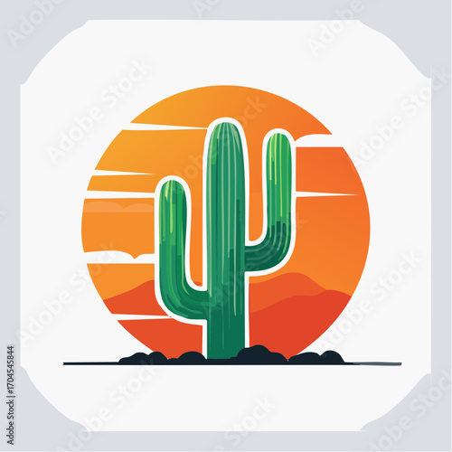 Green Cactus Against Orange Sunset And Desert Landscape