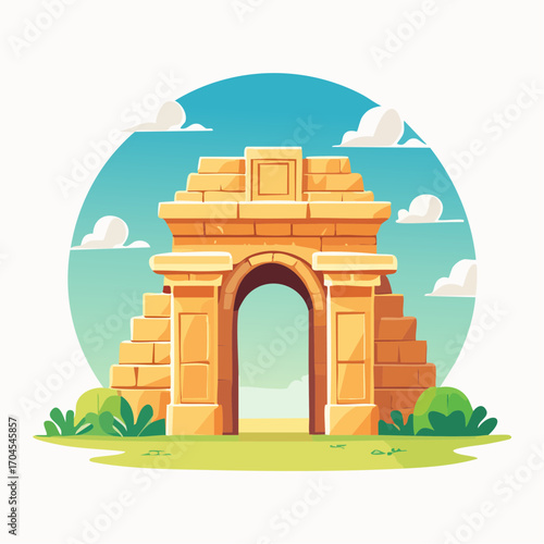 Stone Archway Entrance with Lush Greenery and Blue Sky