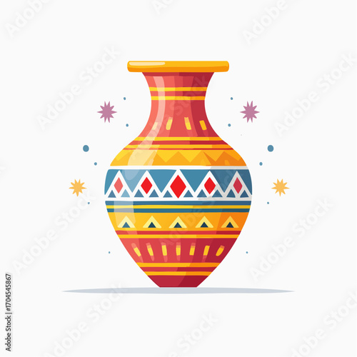 Red Clay Vase With Geometric Pattern On White Background