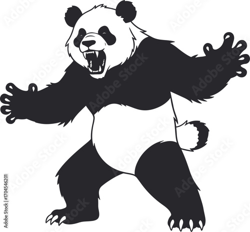 A pixel art illustration depicting a large, angry panda bear in a defensive stance, roaring with its claws extended.