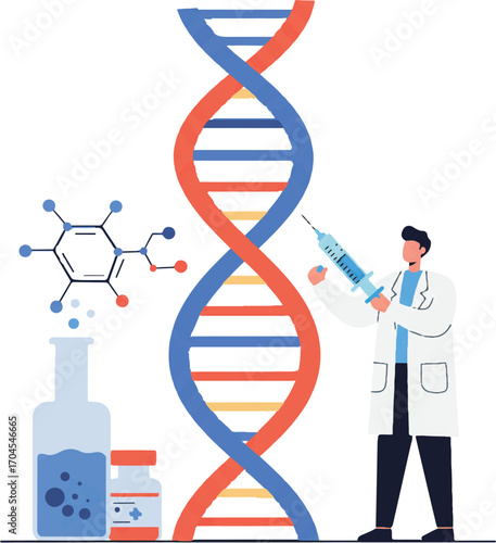 Flat 2D vector illustration of a scientist injecting a syringe into a DNA double helix with laboratory equipment and molecular structures on a white background for World Science Day for