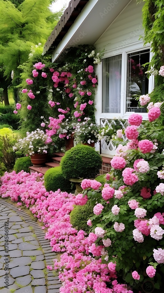 Fototapeta premium Idyllic cottage garden with profuse blooming pink roses and green foliage provides beautiful facade