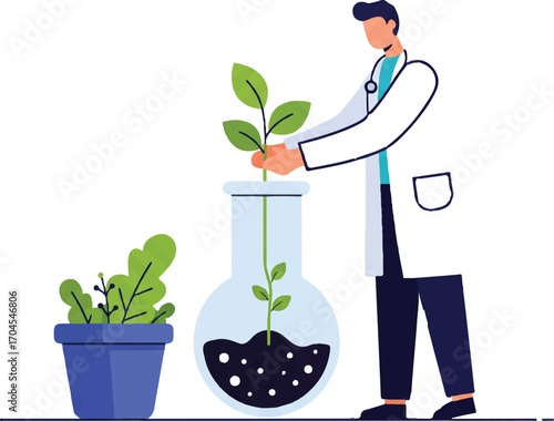 Flat 2D vector illustration of a scientist in a lab coat nurturing a plant in a beaker on World Science Day for Peace and Development.