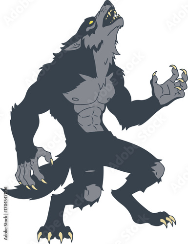 A digital illustration depicting a werewolf in a crouched position, howling with its arms raised. 
