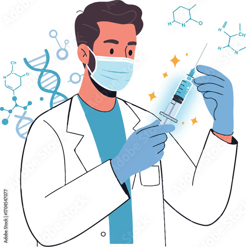 A medical professional in a white lab coat and blue gloves holds a syringe with a needle, wearing a face mask, surrounded by molecular structures and DNA on World Science Day for Peace and