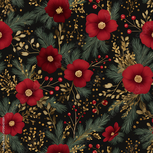 Festive Christmas seamless pattern with red flowers pine branches golden elements on black background