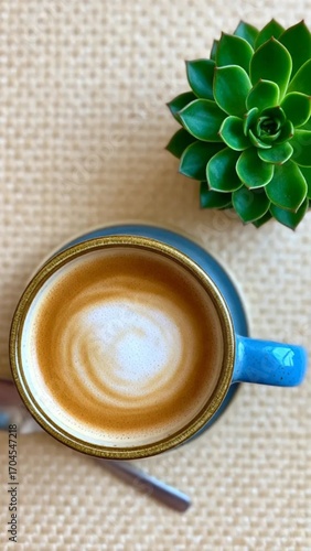 Artistic Latte Moment: High-Quality Image of a Perfectly Crafted Latte with Latte Art and Succulent Decor