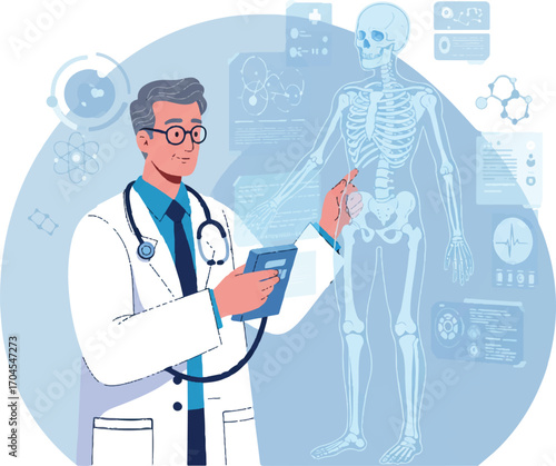 Flat 2D vector illustration of a doctor examining a human skeleton with a tablet on World Science Day for Peace and Development in a medical context.