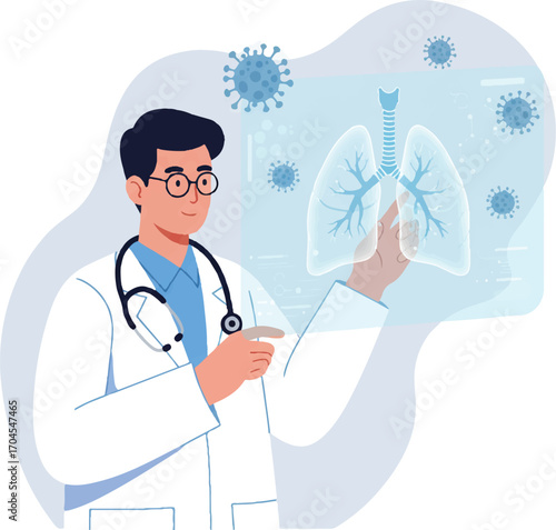 A doctor in a white coat examines a transparent illustration of human lungs with viruses floating nearby on World Science Day for Peace and Development in a flat 2D vector style.