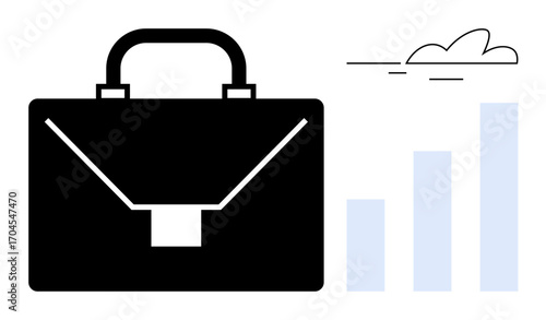 Black briefcase and upward bar chart for growth, cloud element adds dynamic movement. Ideal for finance, career, success, leadership, planning, investment productivity. Simple flat metaphor