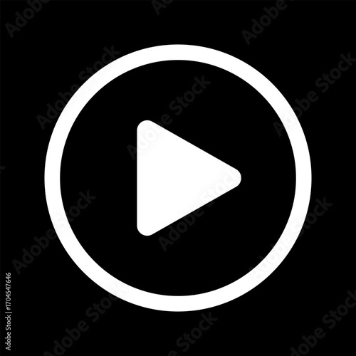 White play icon isolated on black background. Video or audio player design element. Push, click, start or record button for movie screen or audiobook multimedia app interface. Vector illustration.