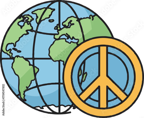 Flat 2D vector illustration of a globe with a peace sign for World Science Day for Peace and Development, conveying a sense of harmony and cooperation.
