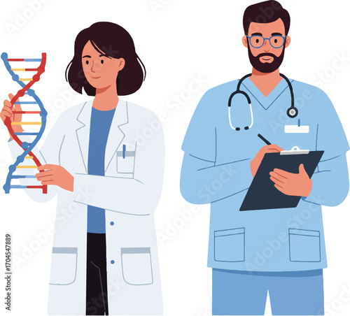Flat 2D vector illustration of a scientist and a doctor for World Science Day for Peace and Development with a white background.