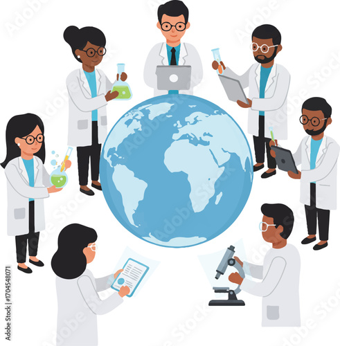 Flat 2D vector illustration of diverse scientists collaborating around a globe on World Science Day for Peace and Development with lab coats and various scientific tools.