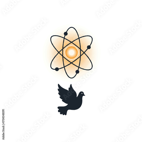 Flat 2D vector illustration for World Science Day for Peace and Development featuring an atomic structure with a dove silhouette on a white background.