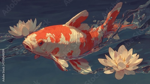 Orange and white koi fish swims in water with white water lilies.