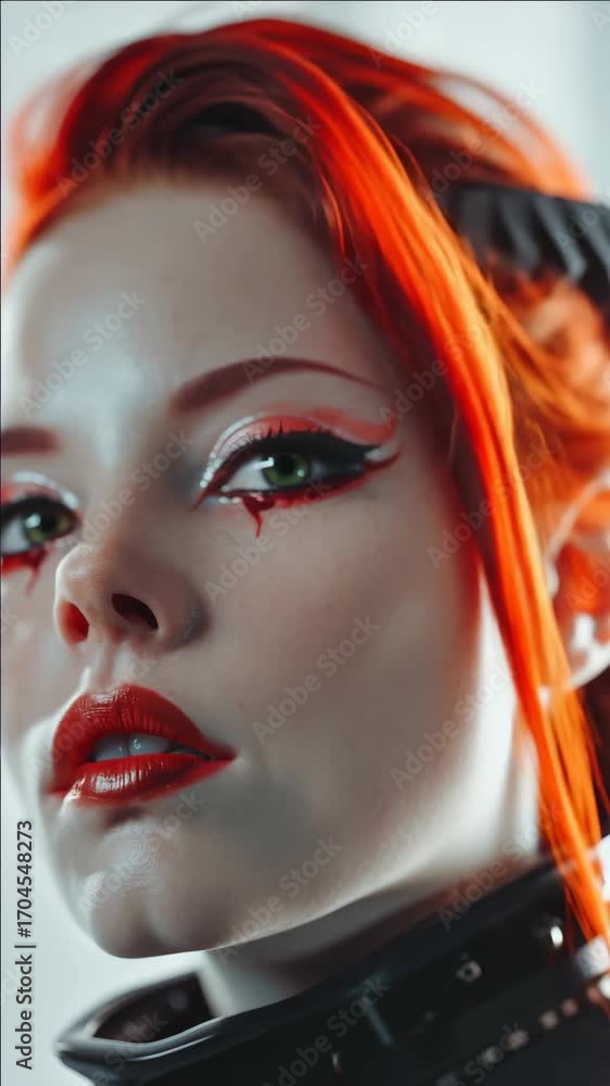 A stylishly dressed redhead with futuristic makeup and accessories.