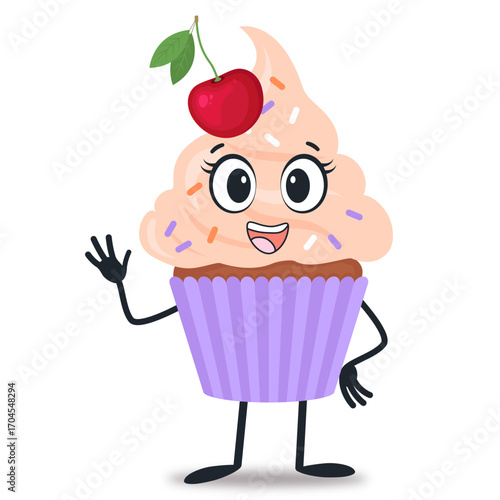 Adorable cartoon cupcake character with pink frosting, sprinkles, big eyes, a cherry on top, and a happy smile, waving on white background.