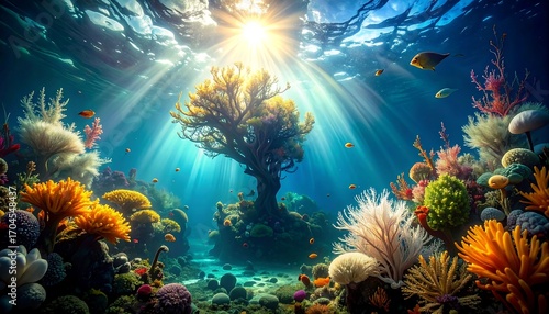 Fototapeta Naklejka Na Ścianę i Meble -  Underwater coral reef scene with sunbeams