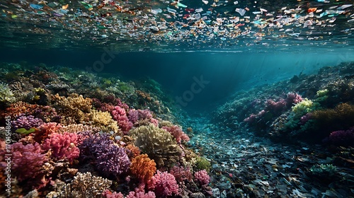 Ocean pollution and coral reef damage underwater environmental impact plastic waste crisis marine ecosystem