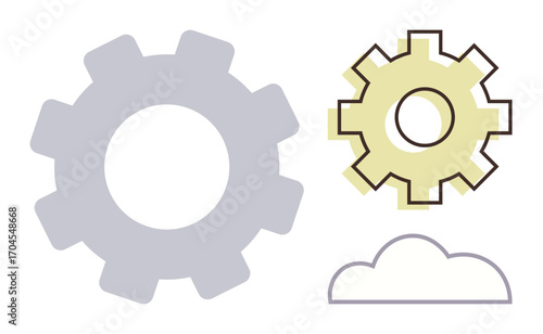 Two overlapping gears connected to a cloud figure representing teamwork, process, and innovation. Ideal for industry, technology, connectivity, engineering, system strategy communication. Simple