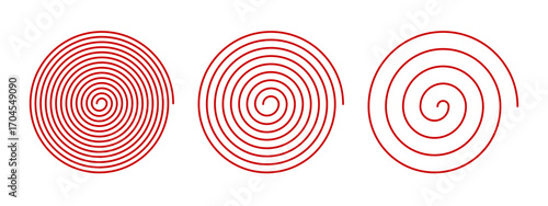 Set of red spiral icons. Optical illusion effects. Hypnotic psychedelic design. Whirlpool, vertigo, tornado or dizzy symbols. Archimedean spiral signs. Vector graphic illustration.
