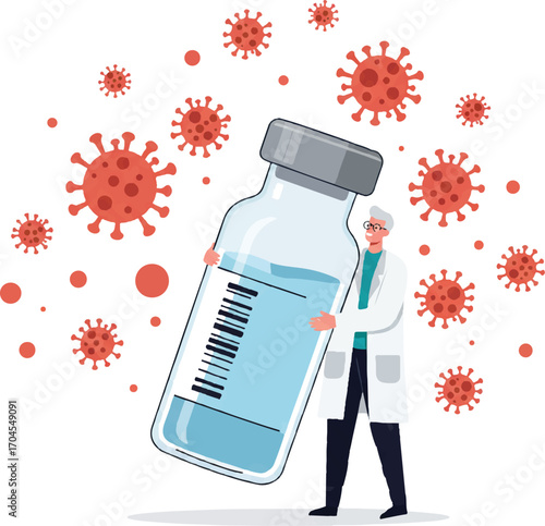 Flat 2D vector illustration of a scientist in a lab coat holding a large vaccine vial surrounded by floating virus particles on a white background.