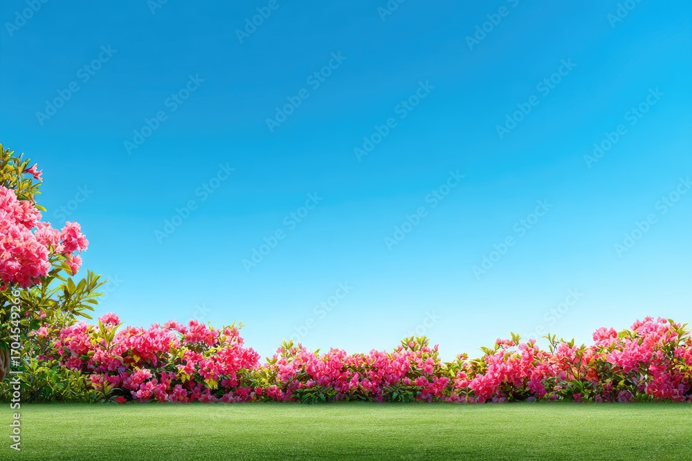 Fototapeta premium Pink blossoms frame a vibrant blue sky over a grassy lawn.