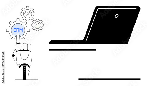 Robotic hand activating CRM gear alongside icons of analytics, collaboration, and digital tools near a laptop. Ideal for technology, business, automation, innovation, AI, productivity digital