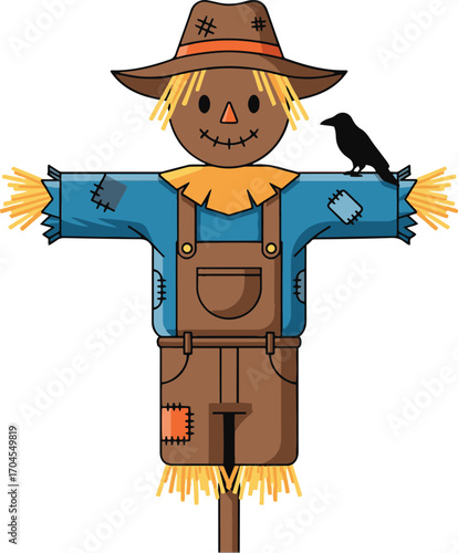 A pixel art illustration depicting a scarecrow with a crow perched on its arm. 