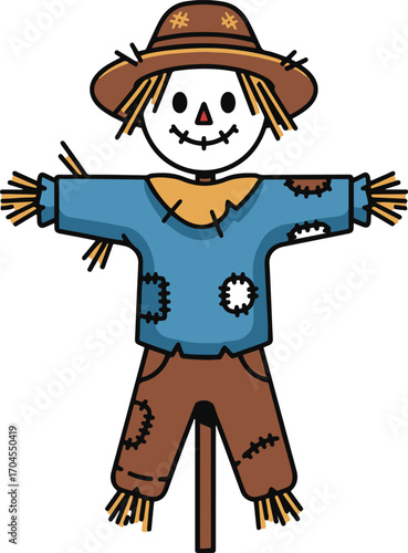 A charming pixel art illustration depicts a friendly scarecrow standing watch over a field. 