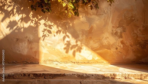 Warm golden sunlight casting delicate shadows of leaves on a rustic textured stone wall, creating a serene and natural background