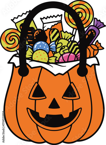 A pixel art illustration of an orange pumpkin-shaped bag overflowing with various candies and lollipops, perfect for Halloween.