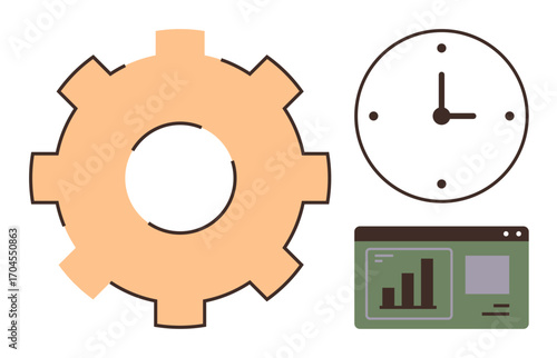Large gear, analog clock, and computer dashboard with a graph reflecting productivity tools, time planning, and workflow organization. Ideal for business, management, teamwork, efficiency planning