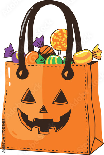 A pixel art illustration of an orange Halloween-themed tote bag overflowing with colorful candies and lollipops. The bag features a jack-o'-lantern face