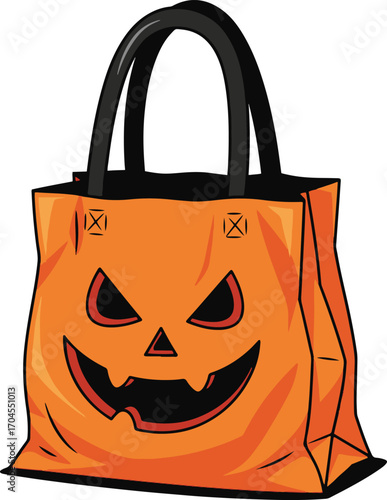  A vibrant pixel art illustration of an orange Halloween treat bag shaped like a jack-o'-lantern.