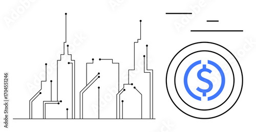 Minimalist city skyline with circuit lines blending into a coin with dollar sign. Ideal for technology, smart cities, cryptocurrency, modern economy, innovation, digital transformation, simple
