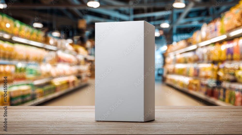 Fototapeta premium Blank cereal box template on grocery store shelf. Modern packaging mockup
