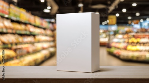 Blank cereal box template on grocery store shelf. Modern packaging mockup