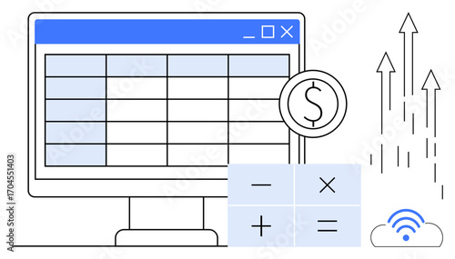 Desktop monitor with spreadsheet, magnified currency, calculator icons, upward arrows, and cloud connectivity. Ideal for finance, data management, business growth, prediction calculation economics