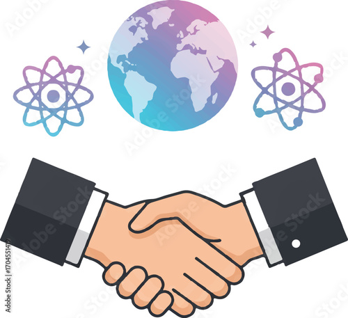Illustration of two people shaking hands under a globe with atomic symbols, representing World Science Day for Peace and Development with a symbolic and peaceful mood.
