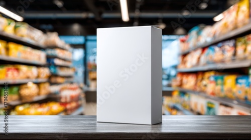 Blank cereal box template on grocery store shelf. Modern packaging mockup