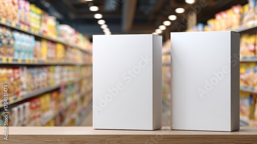 Blank cereal box template on grocery store shelf. Modern packaging mockup