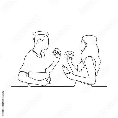 One continuous line drawing of people are eating cakes in the food court area vector illustration.  Food street illustration in linear style vector concept. Great design for food business campaign.