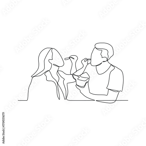 One continuous line drawing of people are eating cakes in the food court area vector illustration.  Food street illustration in linear style vector concept. Great design for food business campaign.