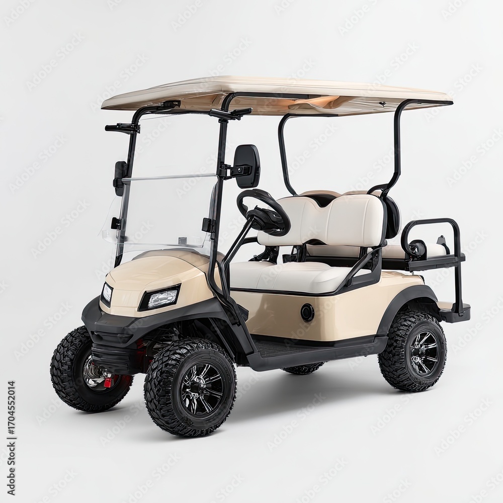 Fototapeta premium Beige four-seater golf cart with black rims, a tan canopy, and a windshield, shown against a white background