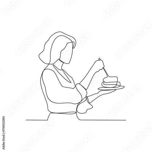 One continuous line drawing of people are eating cakes in the food court area vector illustration.  Food street illustration in linear style vector concept. Great design for food business campaign.