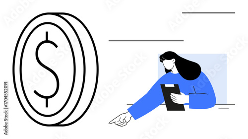 Woman holding clipboard pointing toward large dollar coin, suggesting financial concepts. Ideal for business, money management, investment insights, banking, accounting, economic growth, simple