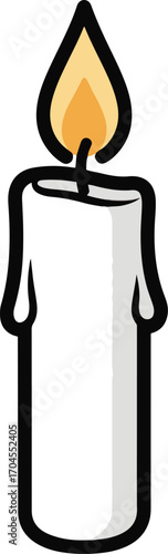 A vector illustration depicting a single, lit candle with a white body, a yellow flame, and black outlines against a white background. The candle wax shows slight drips.